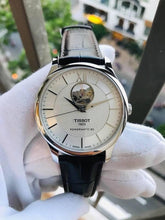 Load image into Gallery viewer, Tissot T Classic Tradition Powermatic 80 Open Heart Silver Dial Brown Leather Strap Watch for Men - T063.907.16.038.00