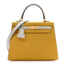 Load image into Gallery viewer, Chevre Mysore Horseshoe Kelly Sellier 25 Jaune Ambre Bleu Glacier