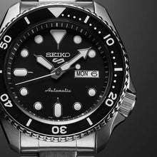 Load image into Gallery viewer, Seiko 5 Sports Automatic Day Date Black Dial Silver Steel Strap Watch for Men - SRPD55K1