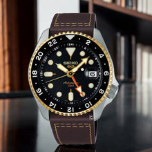 Load image into Gallery viewer, Seiko 5 Sports SKX GMT Automatic Mocha Black Dial Brown Leather Strap Watch For Men - SSK036K1