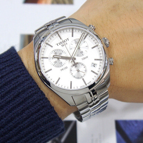 Tissot T Classic PR 100 Chronograph Silver Dial Silver Steel Strap Watch For Men - T101.417.11.031.00
