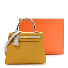 Load image into Gallery viewer, Chevre Mysore Horseshoe Kelly Sellier 25 Jaune Ambre Bleu Glacier