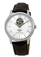 Load image into Gallery viewer, Tissot T Classic Tradition Powermatic 80 Open Heart Silver Dial Brown Leather Strap Watch for Men - T063.907.16.038.00