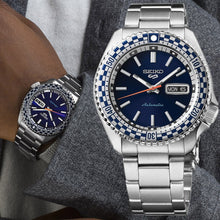 Load image into Gallery viewer, Seiko 5 Sports Petrol Blue Checker Flag Special Edition Blue Dial Silver Steel Strap Watch For Men - SRPK65K1