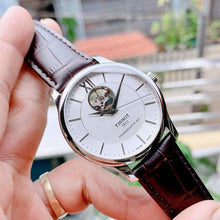 Load image into Gallery viewer, Tissot T Classic Tradition Powermatic 80 Open Heart Silver Dial Brown Leather Strap Watch for Men - T063.907.16.038.00