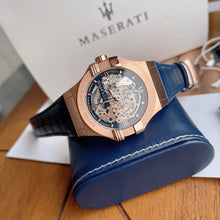 Load image into Gallery viewer, Maserati Automatic Skeleton Dial Rose Gold Blue Leather Strap Watch For Men - R8821108022