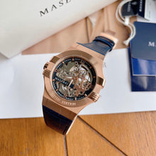 Load image into Gallery viewer, Maserati Automatic Skeleton Dial Rose Gold Blue Leather Strap Watch For Men - R8821108022