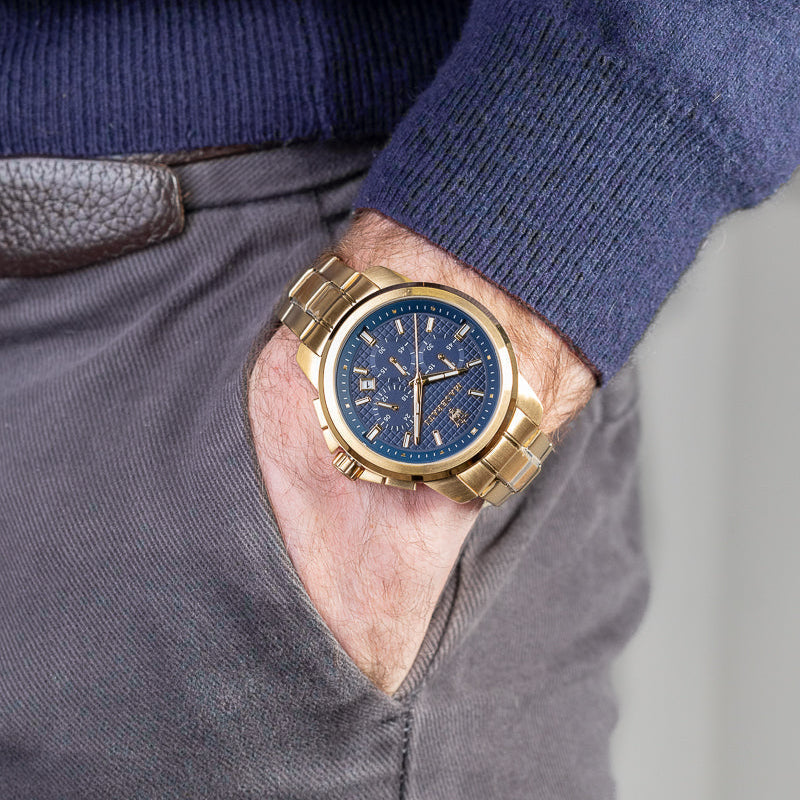 Maserati Successo Chronograph Blue Dial Gold Steel Strap Watch For Men - R8873621021