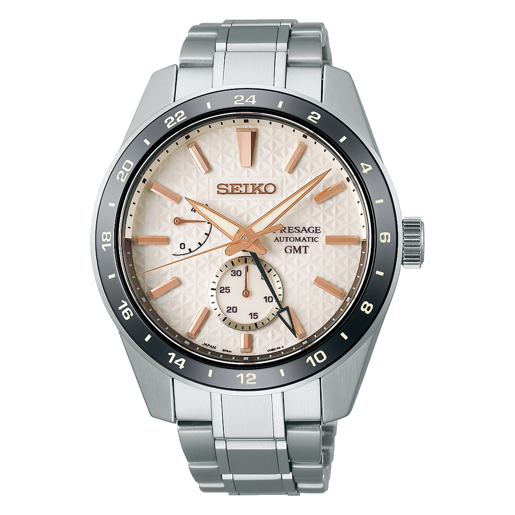 Seiko Presage Sharp Edged Series Automatic GMT Champagne Dial Silver Steel Strap Watch For Men - SPB273J1