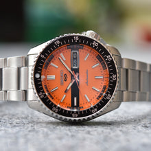 Load image into Gallery viewer, Seiko 5 Sports Double Hurricane Retro Orange Dial Silver Steel Strap Watch For Men - SRPK11K1