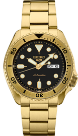 Seiko 5 Sports Automatic Black Dial Gold Steel Strap Watch For Men - SRPK18