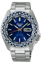 Load image into Gallery viewer, Seiko 5 Sports Petrol Blue Checker Flag Special Edition Blue Dial Silver Steel Strap Watch For Men - SRPK65K1