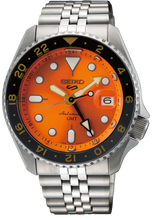 Load image into Gallery viewer, Seiko 5 Sports GMT Automatic Orange Dial Silver Steel Strap Watch For Men - SSK005K1