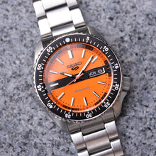 Load image into Gallery viewer, Seiko 5 Sports Double Hurricane Retro Orange Dial Silver Steel Strap Watch For Men - SRPK11K1