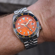 Load image into Gallery viewer, Seiko 5 Sports GMT Automatic Orange Dial Silver Steel Strap Watch For Men - SSK005K1