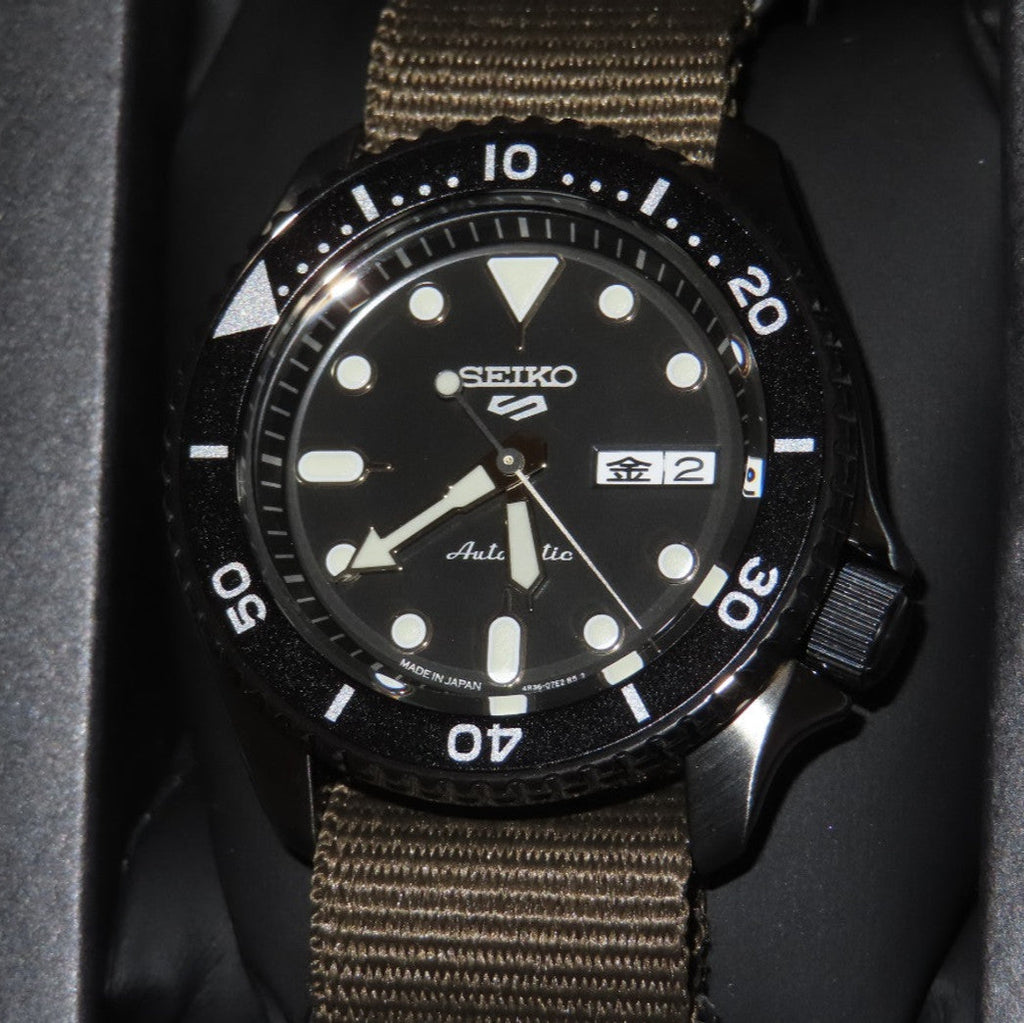 Seiko 5 Sport Automatic Black Dial Green Nylon Strap Watch For Men - SRPD65K4