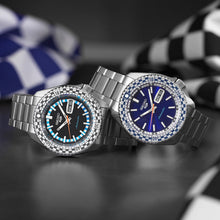 Load image into Gallery viewer, Seiko 5 Sports Petrol Blue Checker Flag Special Edition Blue Dial Silver Steel Strap Watch For Men - SRPK65K1