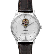 Load image into Gallery viewer, Tissot T Classic Tradition Powermatic 80 Open Heart Silver Dial Brown Leather Strap Watch for Men - T063.907.16.038.00
