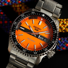 Load image into Gallery viewer, Seiko 5 Sports Double Hurricane Retro Orange Dial Silver Steel Strap Watch For Men - SRPK11K1