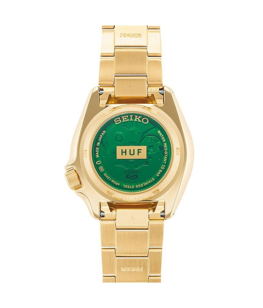 Seiko 5 Sports HUF Limited Edition Green Dial Gold Steel Strap Watch For Men - SRPJ20