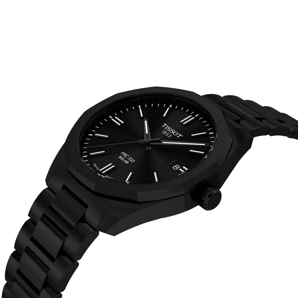 Tissot PRC 100 Solar Quartz Black Dial Black Steel Strap Watch for Men - T151.422.33.051.00