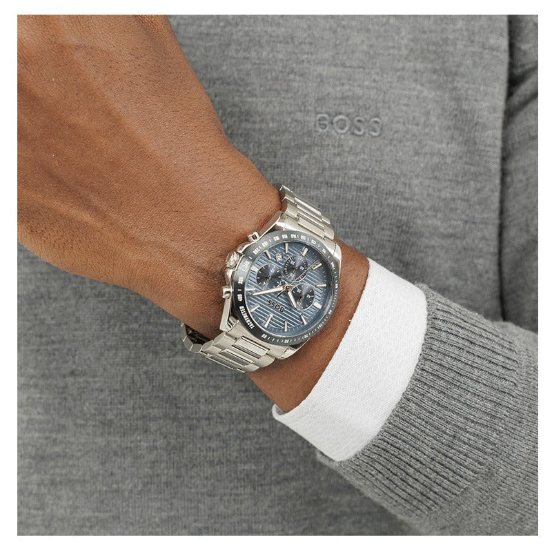 Hugo Boss Strike Chronograph Blue Dial Silver Steel Strap Watch for Men - 1514240