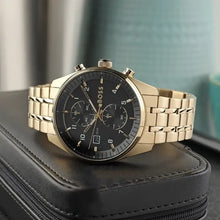 Load image into Gallery viewer, Hugo Boss Skytraveller Chronograph Black Dial Gold Steel Strap Watch for Men - 1514152
