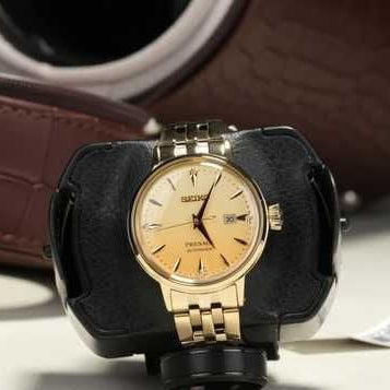 Seiko Presage Cocktail Time Automatic Diamonds Gold Dial Gold Steel Strap Watch for Women - SRE018J1