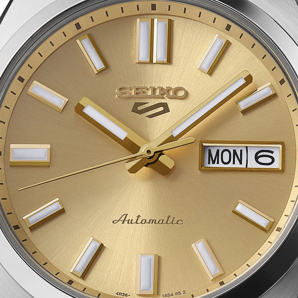 Seiko 5 Sports SNXS Automatic Gold Dial Silver Steel Strap Watch for Men - SRPL59K1