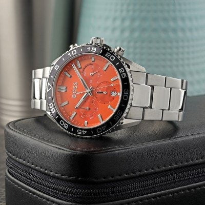 Hugo Boss Runner 3H Orange Dial Silver Steel Strap Watch for Men - 1514206