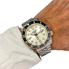 Load image into Gallery viewer, Seiko 5 GMT Sport Asia Exclusive Limited Edition Off White Dial Silver Steel Strap Watch for Men - SSK046K1
