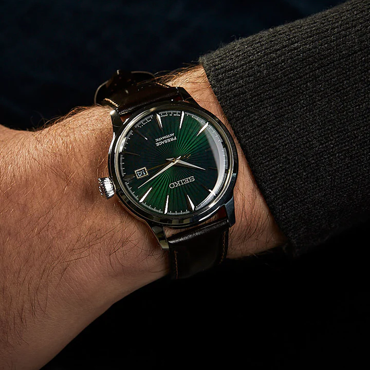 Seiko Presage Cocktail Time Automatic Green Dial Brown Leather Strap Watch for Men - SRPD37J1