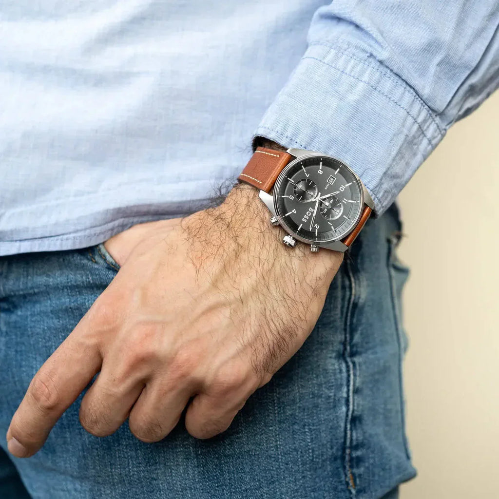 Hugo Boss Skytraveller Chronograph Black Dial Blue Leather Strap Watch for Men - 1514161