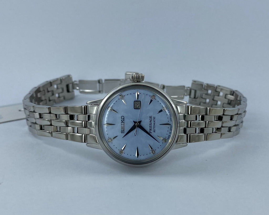 Seiko Presage Cocktail Time Automatic Skydiving Diamonds Blue Dial Silver Steel Strap Watch for Women - SRE007J1