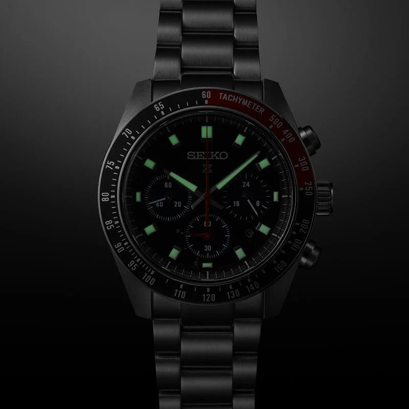 Seiko Prospex Speedtimer Solar Chronograph Black Dial Silver Steel Strap Watch for Men - SSC915