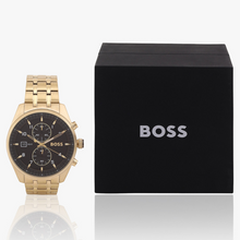 Load image into Gallery viewer, Hugo Boss Skytraveller Chronograph Black Dial Gold Steel Strap Watch for Men - 1514152