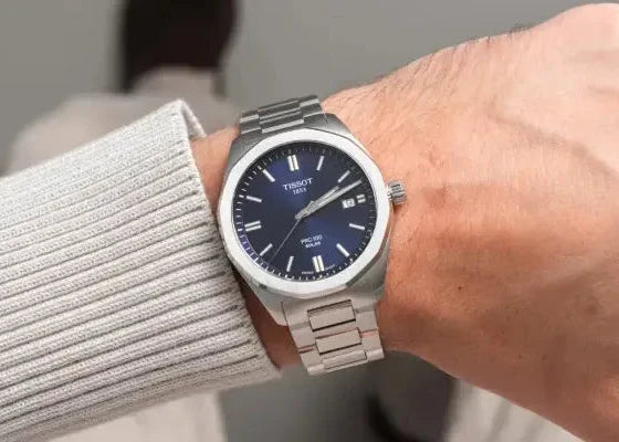 Tissot PRC 100 Solar Quartz Blue Dial Silver Steel Strap Watch for Men - T151.422.11.041.00