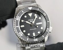 Load image into Gallery viewer, Seiko 5 Sports Automatic Day Date Black Dial Silver Steel Strap Watch for Men - SRPD55K1