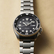 Load image into Gallery viewer, Seiko 5 Sports Automatic Day Date Black Dial Silver Steel Strap Watch for Men - SRPD55K1