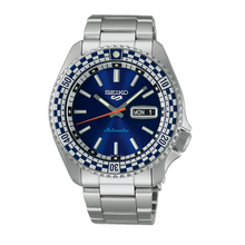 Load image into Gallery viewer, Seiko 5 Sports Petrol Blue Checker Flag Special Edition Blue Dial Silver Steel Strap Watch For Men - SRPK65K1