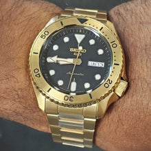 Load image into Gallery viewer, Seiko 5 Sports Automatic Black Dial Gold Steel Strap Watch For Men - SRPK18
