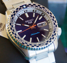 Load image into Gallery viewer, Seiko 5 Sports Petrol Blue Checker Flag Special Edition Blue Dial Silver Steel Strap Watch For Men - SRPK65K1