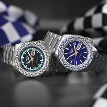 Load image into Gallery viewer, Seiko 5 Sports Petrol Blue Checker Flag Special Edition Blue Dial Silver Steel Strap Watch For Men - SRPK65K1