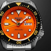 Load image into Gallery viewer, Seiko 5 Sports Automatic Orange Dial Silver Steel Strap Watch For Men - SRPD59K1