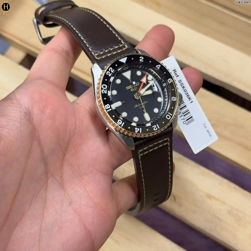 Seiko 5 Sports SKX GMT Automatic Mocha Black Dial Brown Leather Strap Watch For Men - SSK036K1