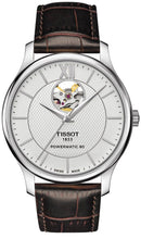 Load image into Gallery viewer, Tissot T Classic Tradition Powermatic 80 Open Heart Silver Dial Brown Leather Strap Watch for Men - T063.907.16.038.00